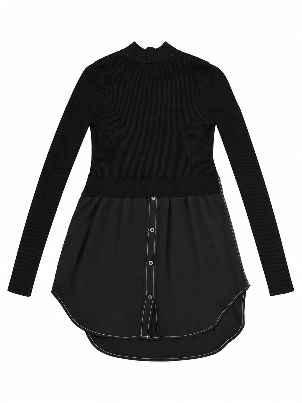 All Saints Black Mock-Neck Layered Knit Top with Button-Back Hem